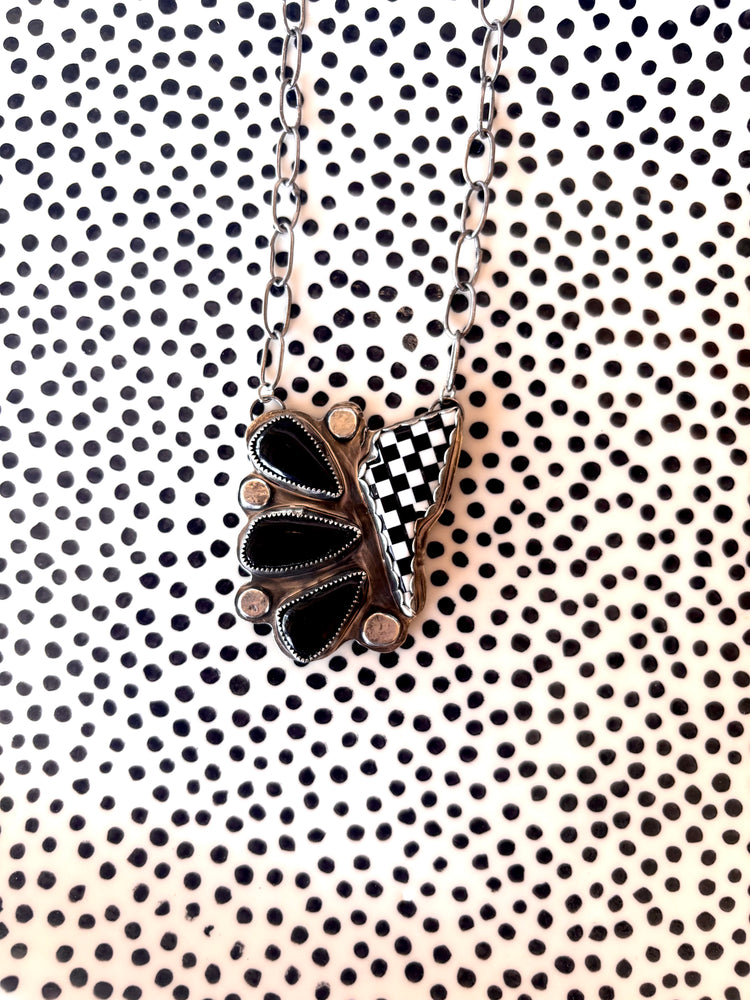 Black Onyx and Checkered Bolt Statement Necklace