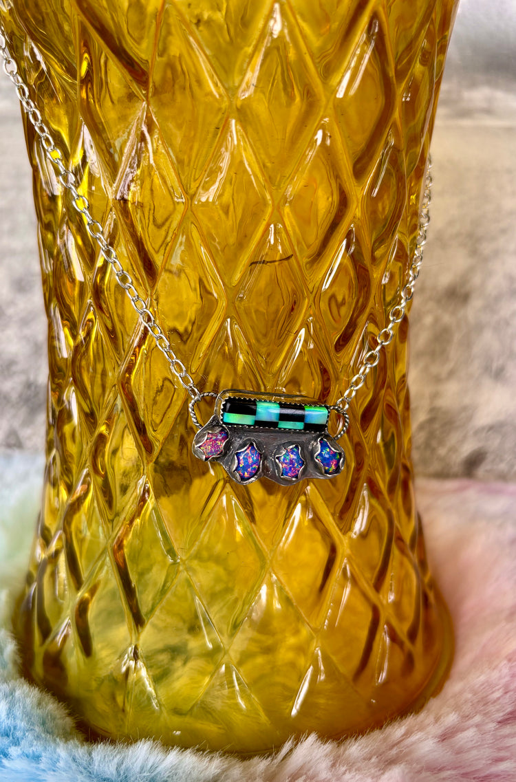 Opal and Aurora Checkered Bar Necklace