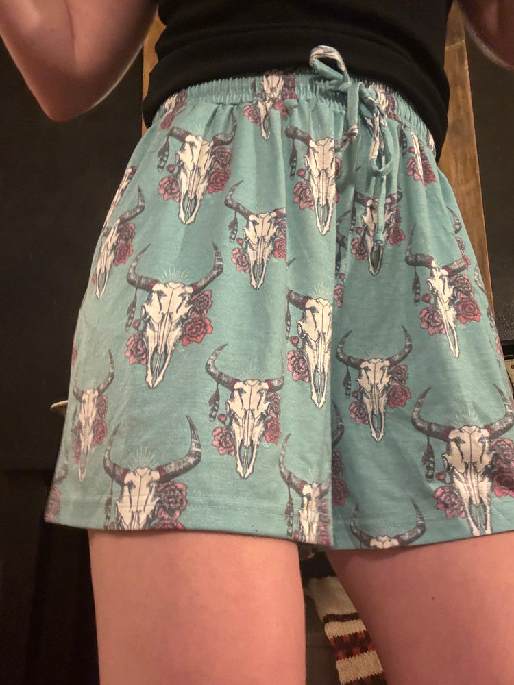 Turquoise Bull Skull Print Shorts