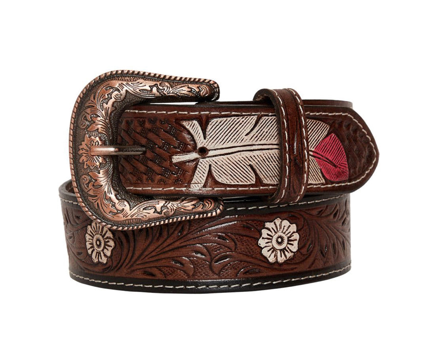 Pink Feather Hand-Tooled Leather Belt