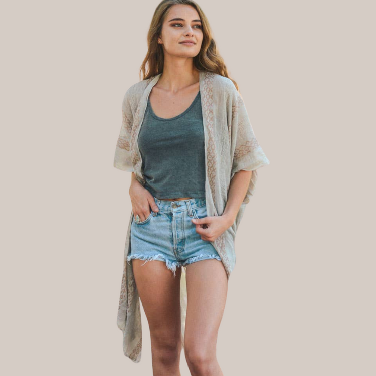 Woven Longline Tribal Kimono Cream