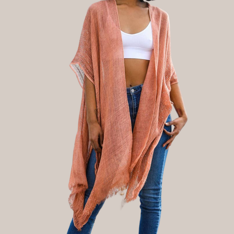 Sequin Border Frayed Trim Kimono Copper