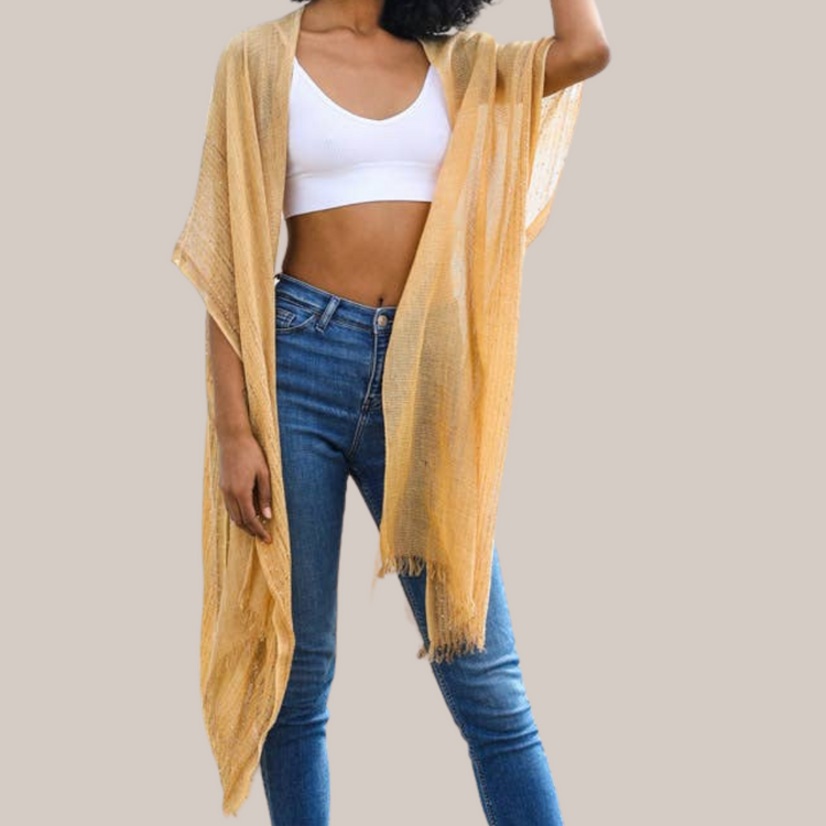 Sequin Border Frayed Trim Kimono Mustard