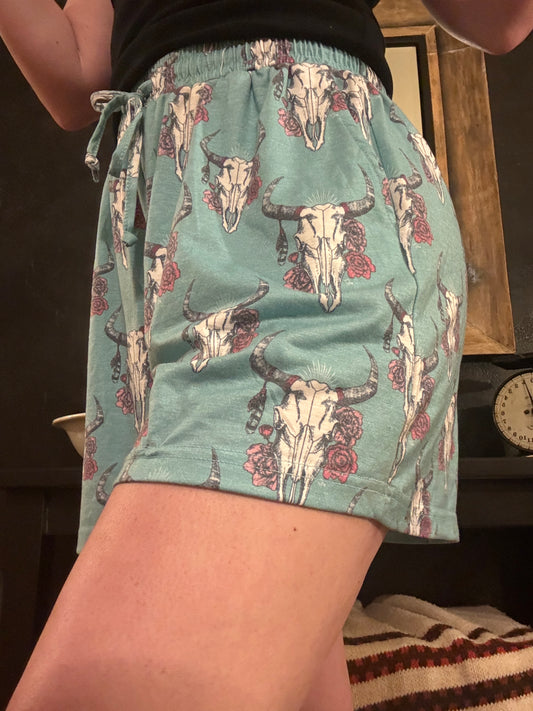Turquoise Bull Skull Print Shorts