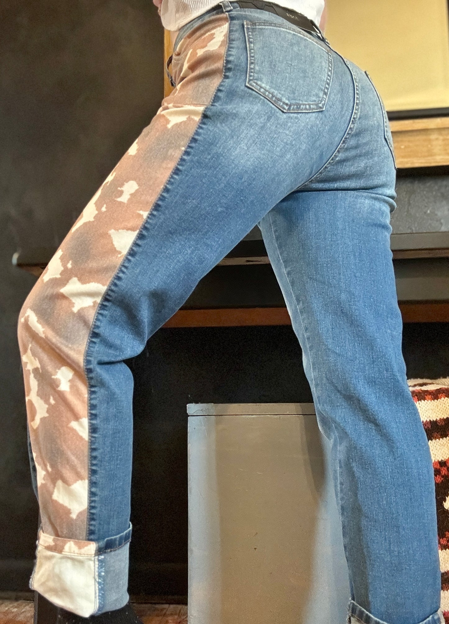 Cowhide Paneled High Rise Boyfriend Jeans