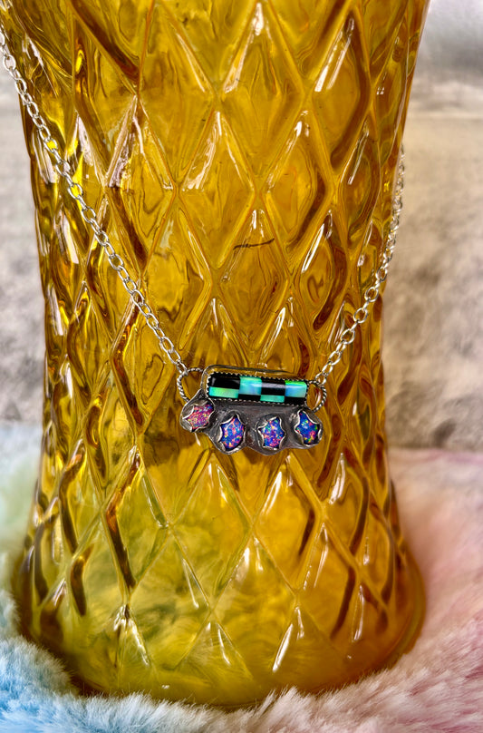 Balloon Opal and Aurora Checkered Bar Necklace