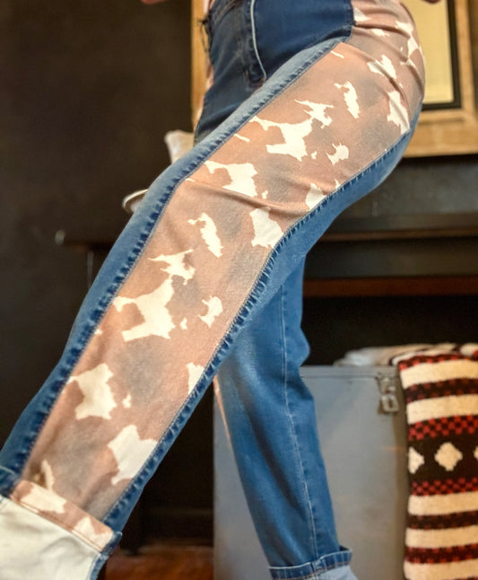 Cowhide Paneled High Rise Boyfriend Jeans