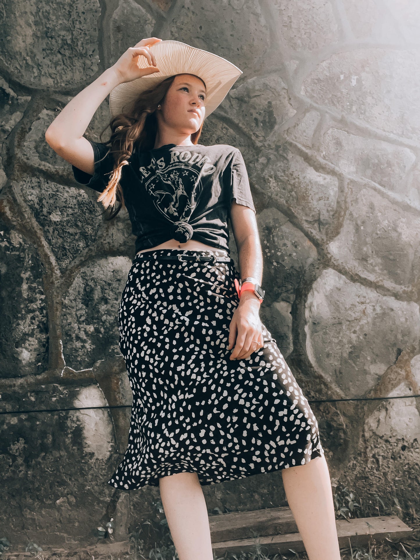 Black Spotted White Midi Skirt