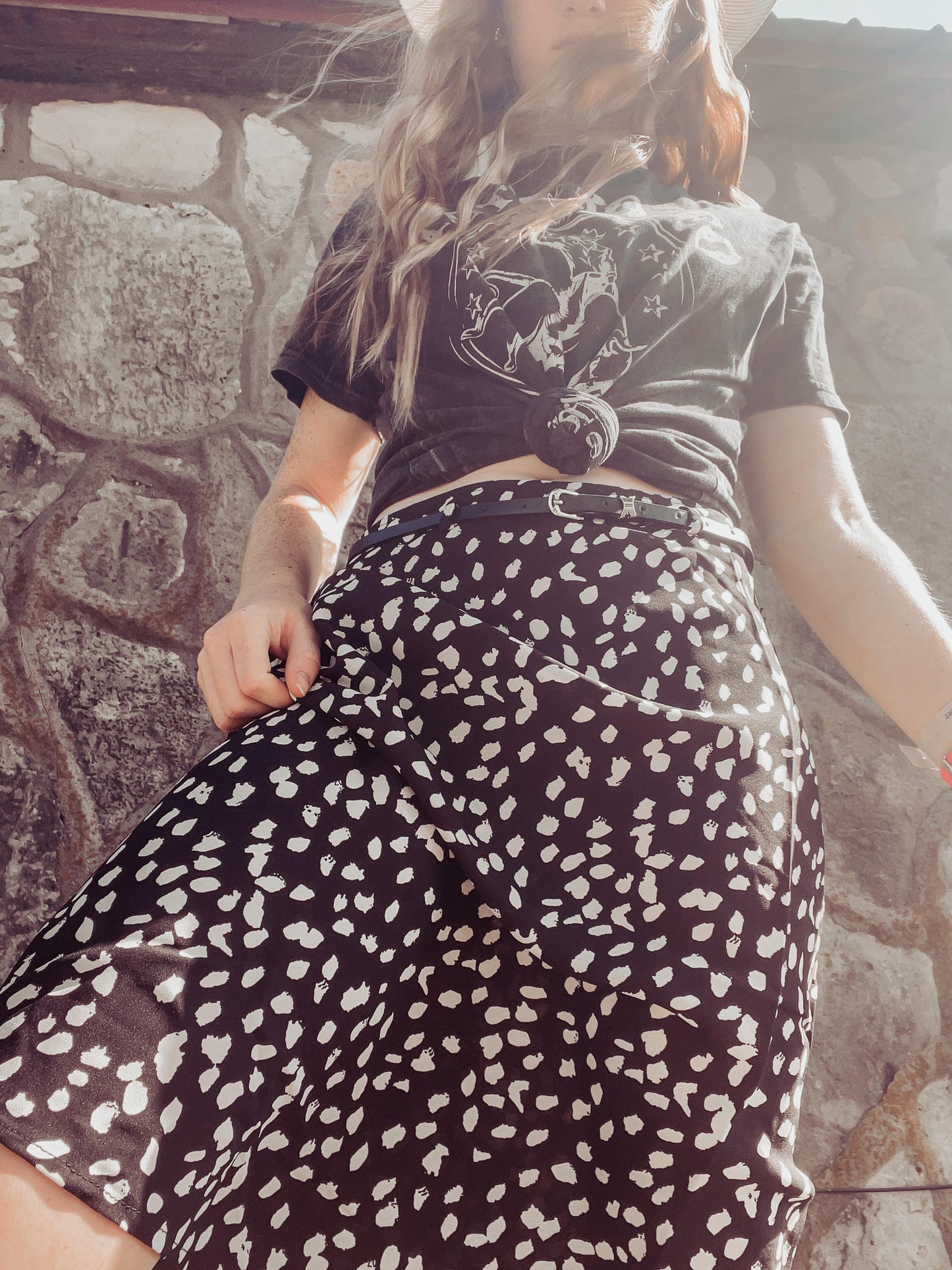 Black Spotted White Midi Skirt